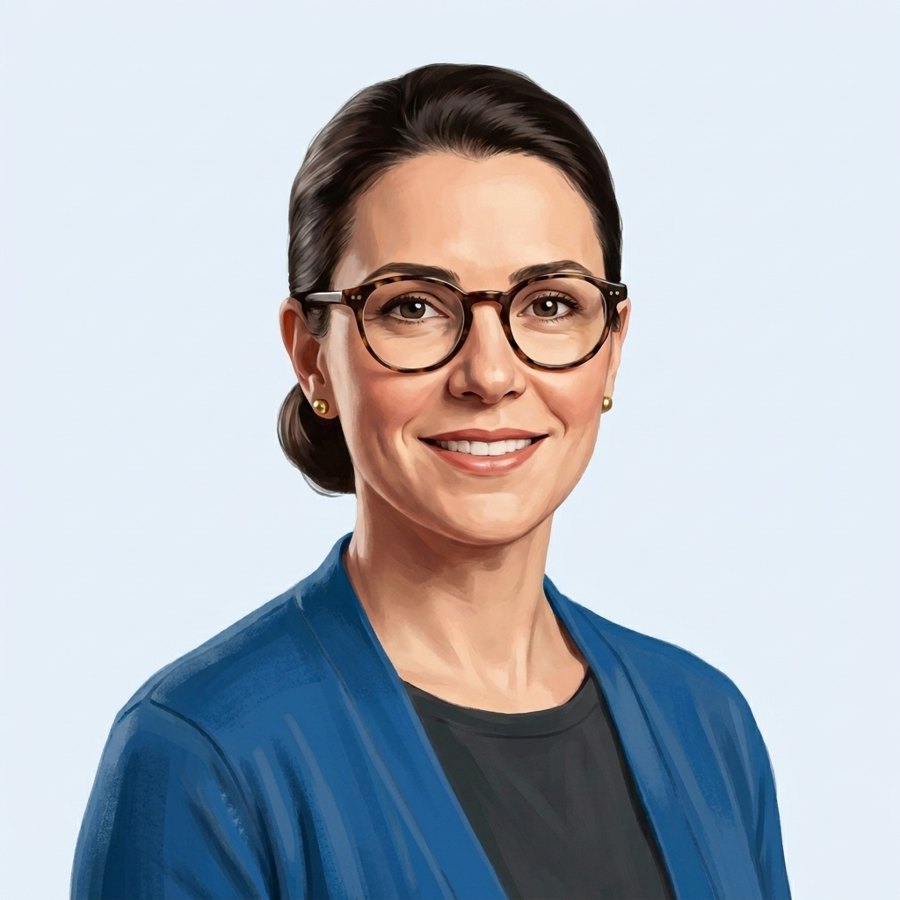 Dyla, a assistente: mulher de óculos de tartaruga, coque e cardigã azul-oceano