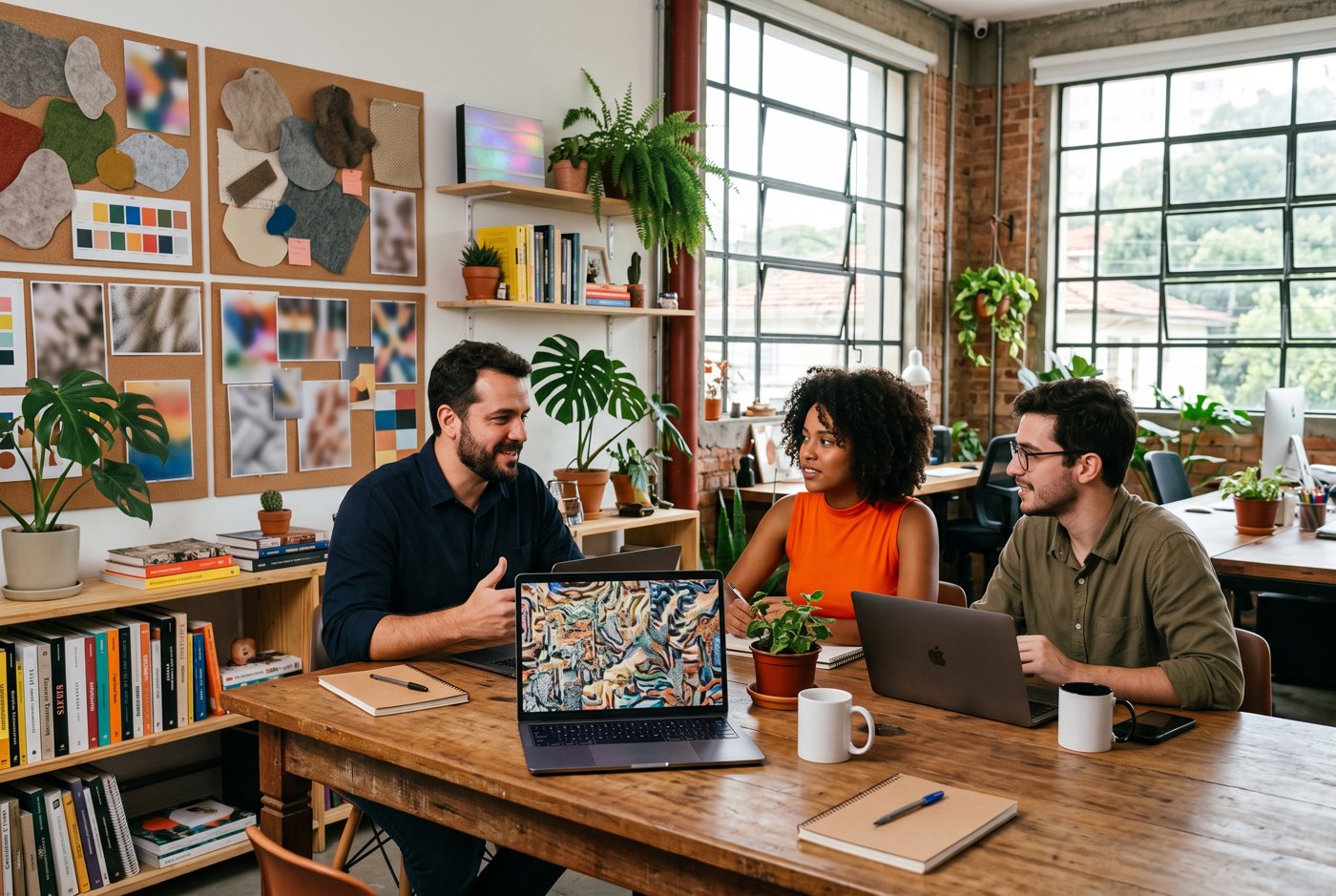 Pequena agência criativa com o novo site aberto no notebook